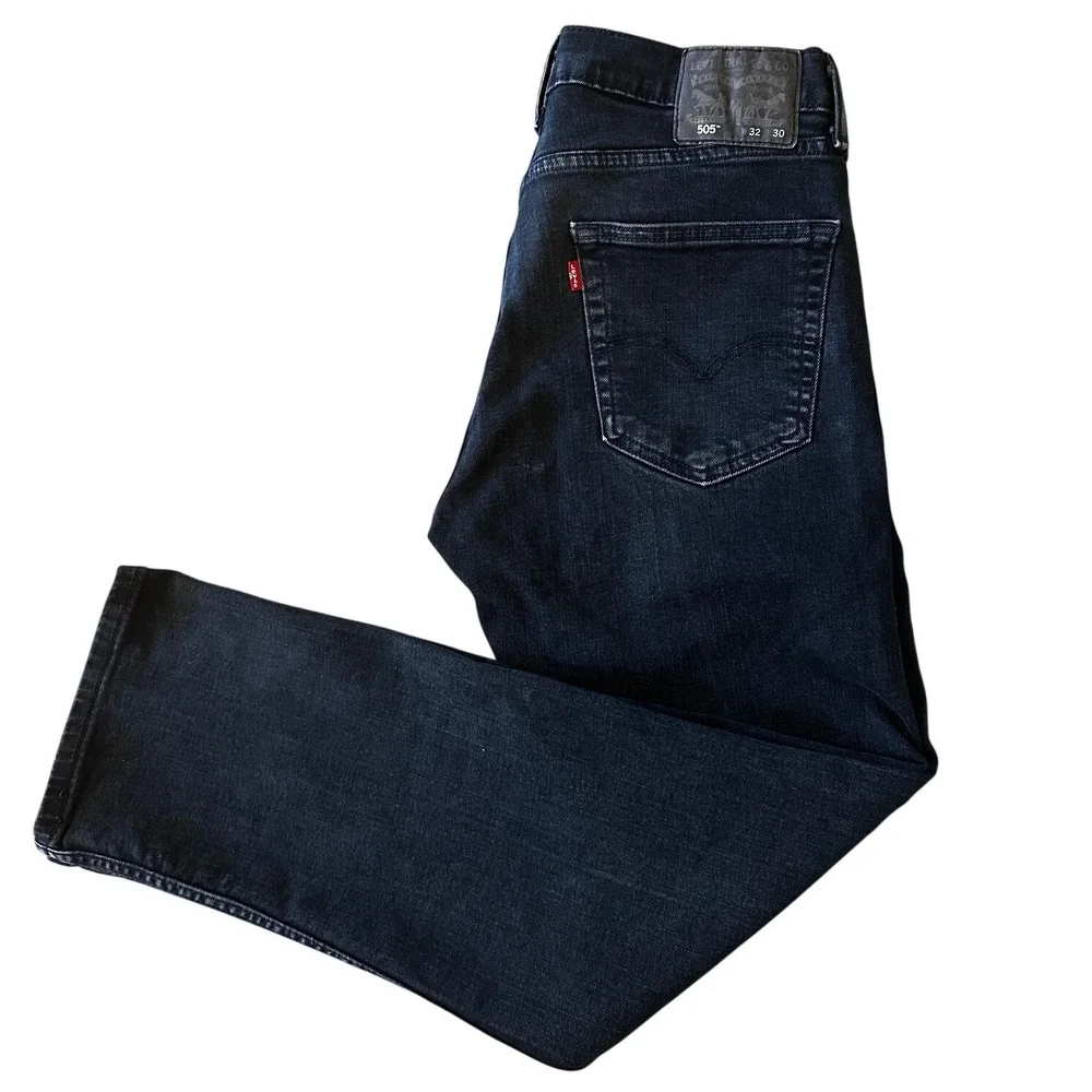 Levis 505 Dark Wash Black Denim Regular Fit Straight Leg Jeans‎ Mens 32x30